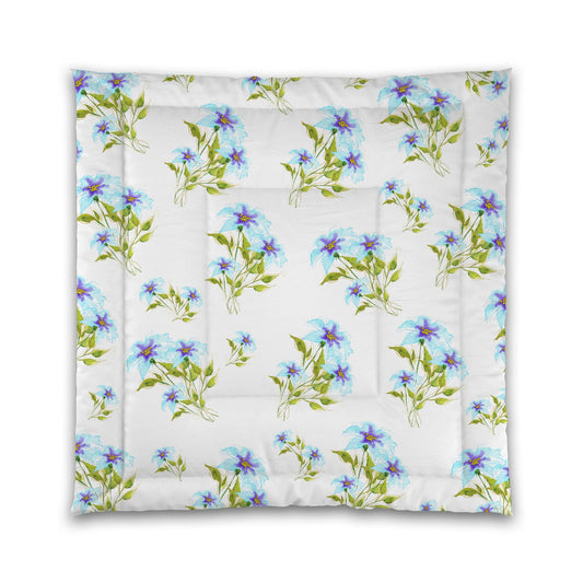 White Microfiber Comforter, Large Blue Floral Print | MFCO-1374