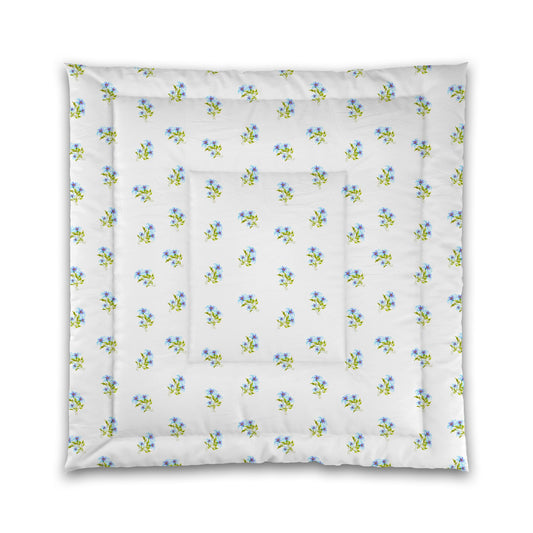 White Microfiber Comforter, Medium Blue Floral Pattern | MFCO-1375