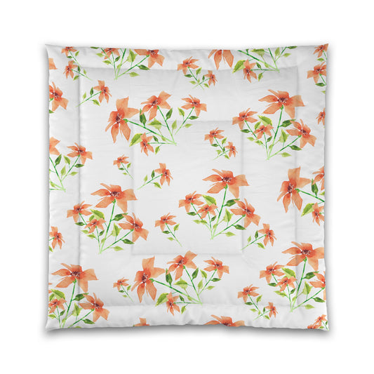 White Microfiber Comforter, Large Pale Orange Floral Print | MFCO-1384
