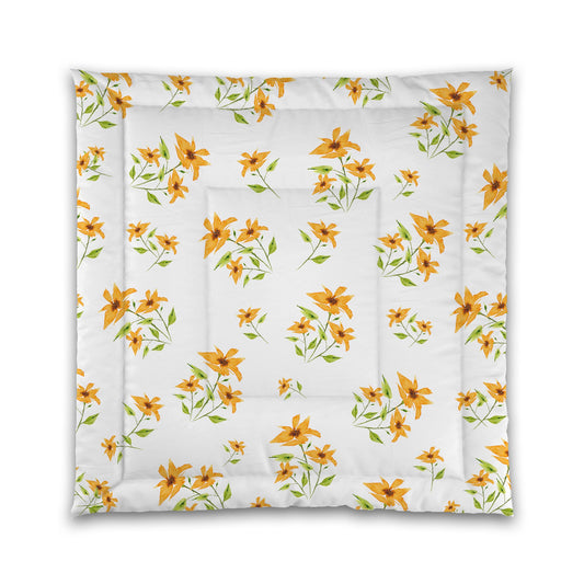 White Microfiber Comforter, Large Yellow-Orange Floral Print | MFCO-1394