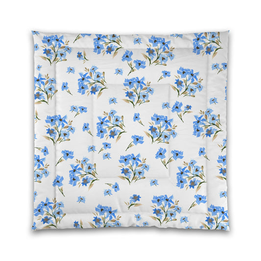 White Microfiber Comforter, Large Blue Floral Print | MFCO-1404