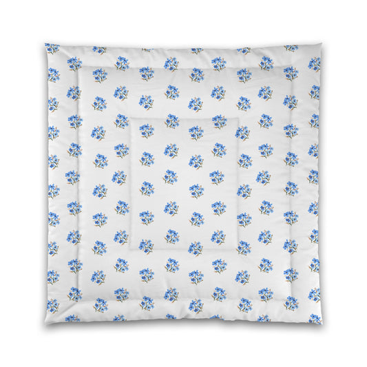 White Microfiber Comforter, Medium Blue Floral Pattern | MFCO-1405