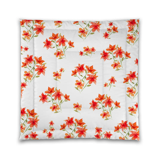 White Microfiber Comforter, Large Red Floral Print | MFCO-1414