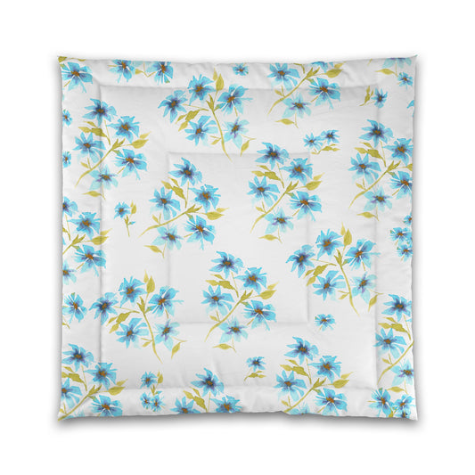White Microfiber Comforter, Large Blue Floral Print | MFCO-1434