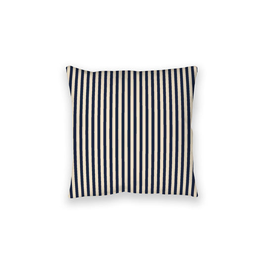 Beige Spun Polyester Floor Pillow, Thin Navy Blue Bars on Top, Beige Bottom, 28 x 28 inches