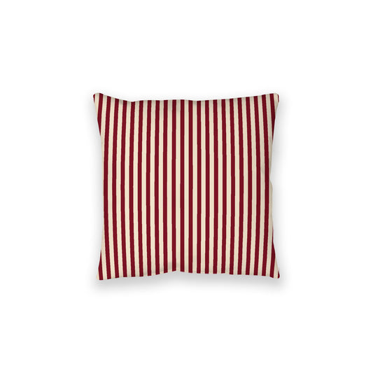 Beige Spun Polyester Floor Pillow, Thin Burgundy Red Bars on Top, Beige Bottom, 28 x 28 inches