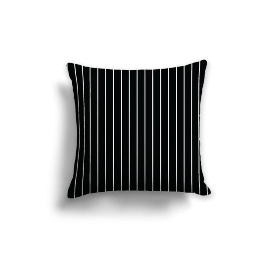 Black Spun Polyester Throw Pillow with Fine White Stripes on Front, Size 14 x 14 inches / 36 x 36 cm