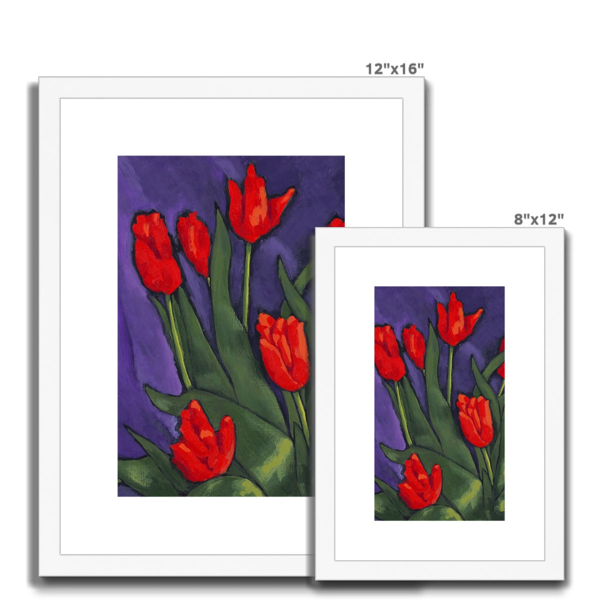 Framed Fine Art Print, White Mat - 8x12 12x16 12x18 inches | Red Tulips in Acrylic, FPV-1111-002