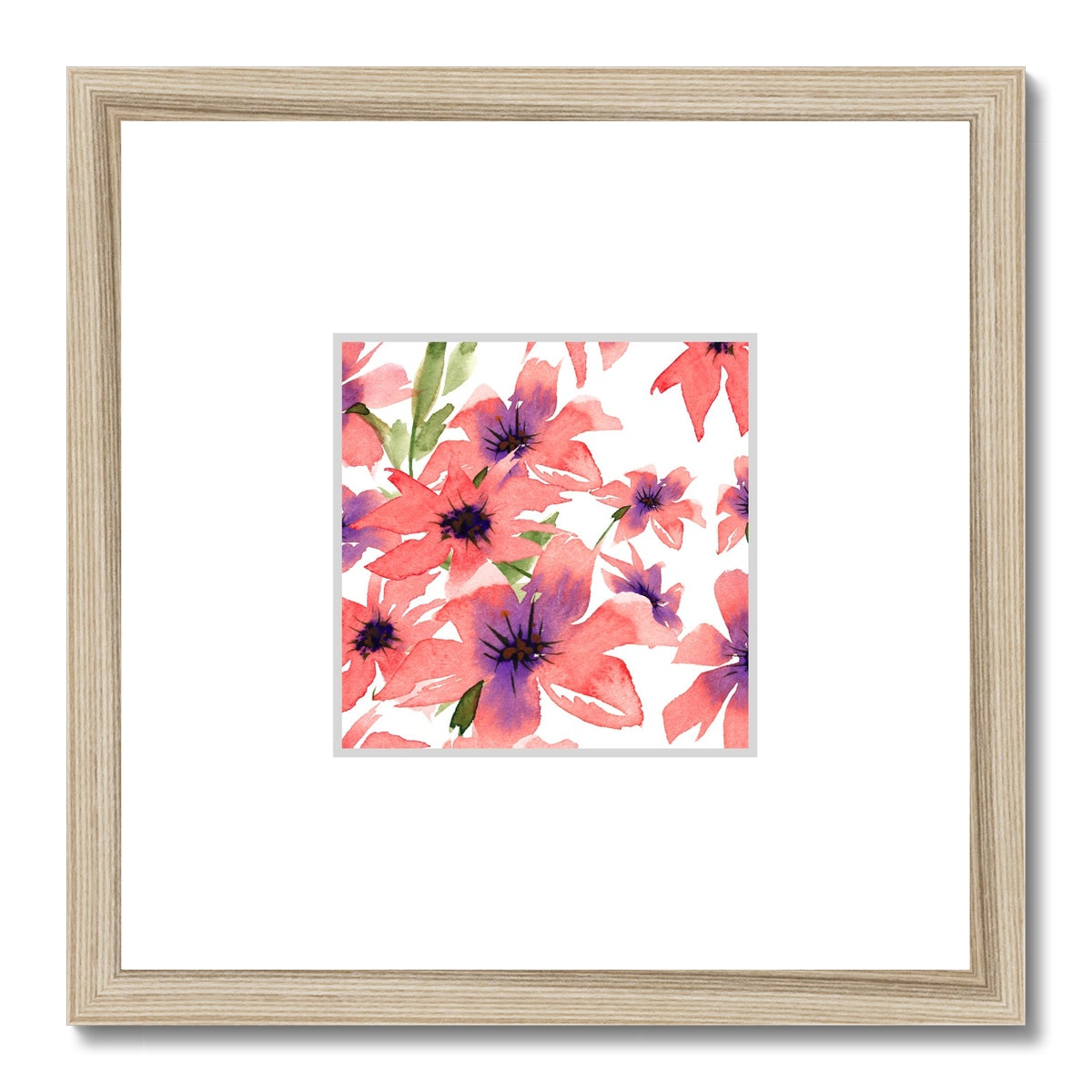Framed Fine Art Print, Faux Mat - 12x12 inches | Pink Floral Watercolor, fms-1340-003