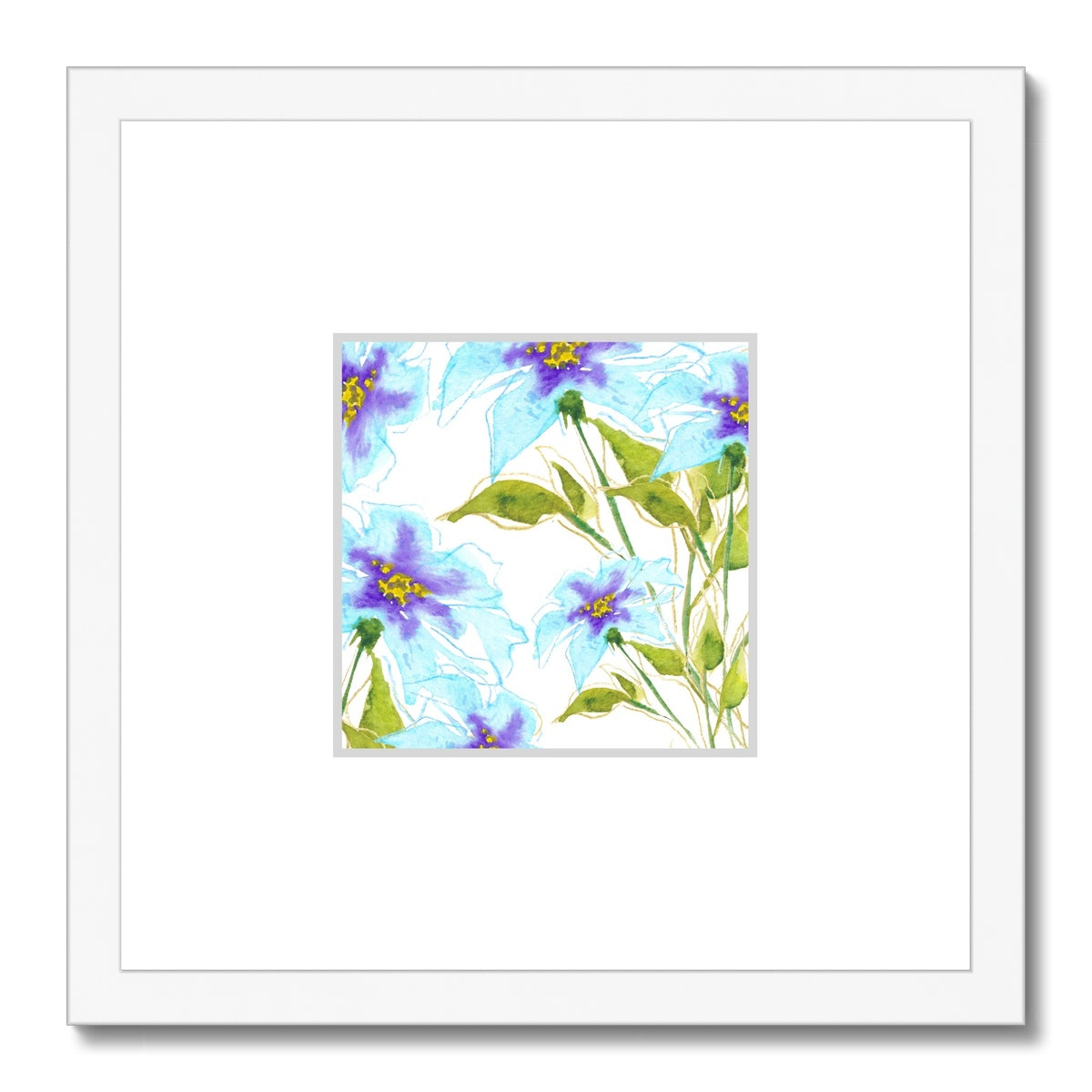 Framed Fine Art Print, Faux Mat - 12x12 inches | Blue Floral Watercolor, fms-1370-002
