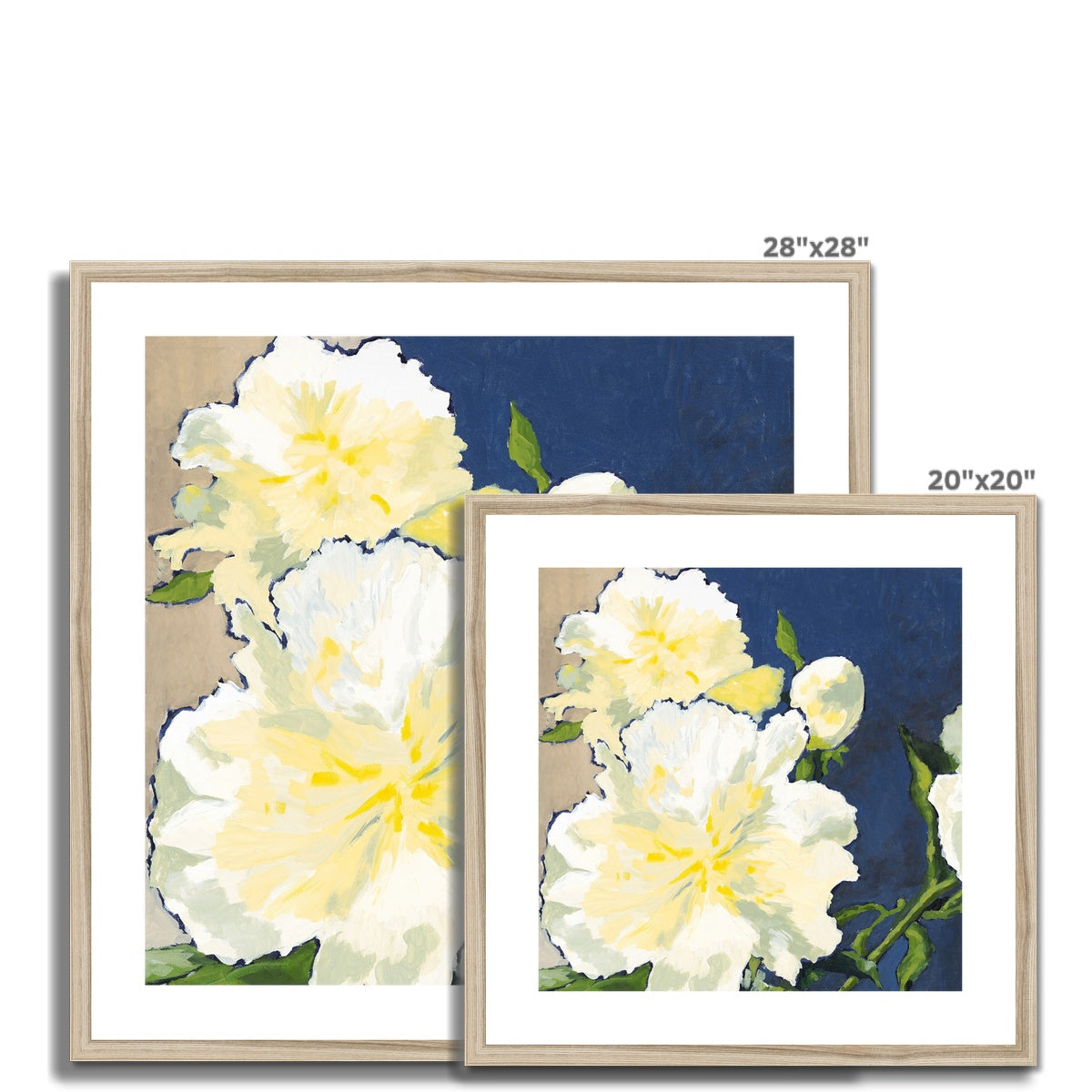 Framed Fine Art Print, White Mat - 8x8 12x12 16x16 20x20 24x24 28x28 inches | White Peonies in Acrylic, FPS-1050
