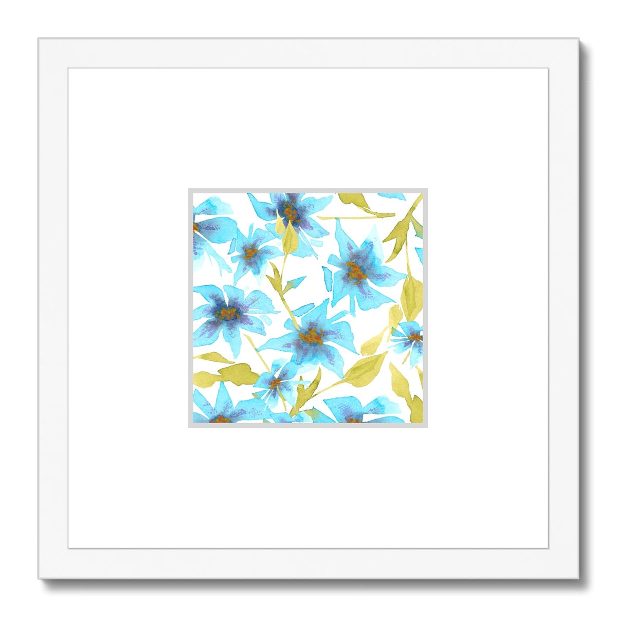 Framed Fine Art Print, Faux Mat - 12x12 inches | Blue Floral Watercolor, fms-1430-001