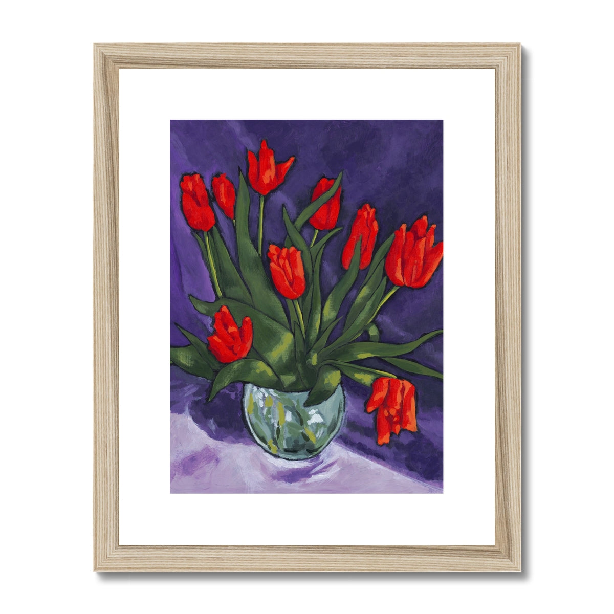 Framed Fine Art Print, White Mat - 11x14 inches | Red Tulips in Acrylic, FPV-1111-001