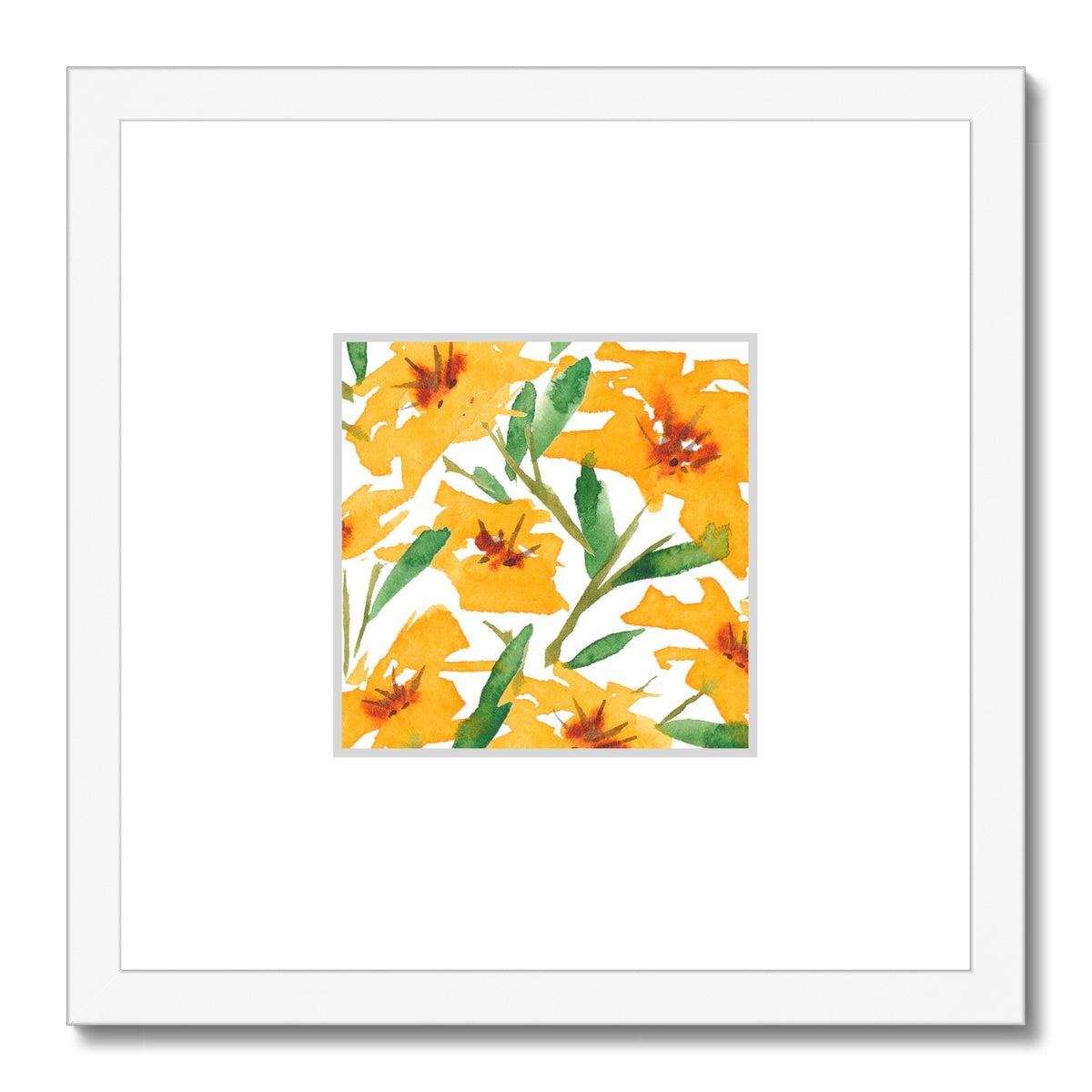 Framed Fine Art Print, Faux Mat - 12x12 inches | Yellow-Orange Floral Watercolor, fms-1310-002