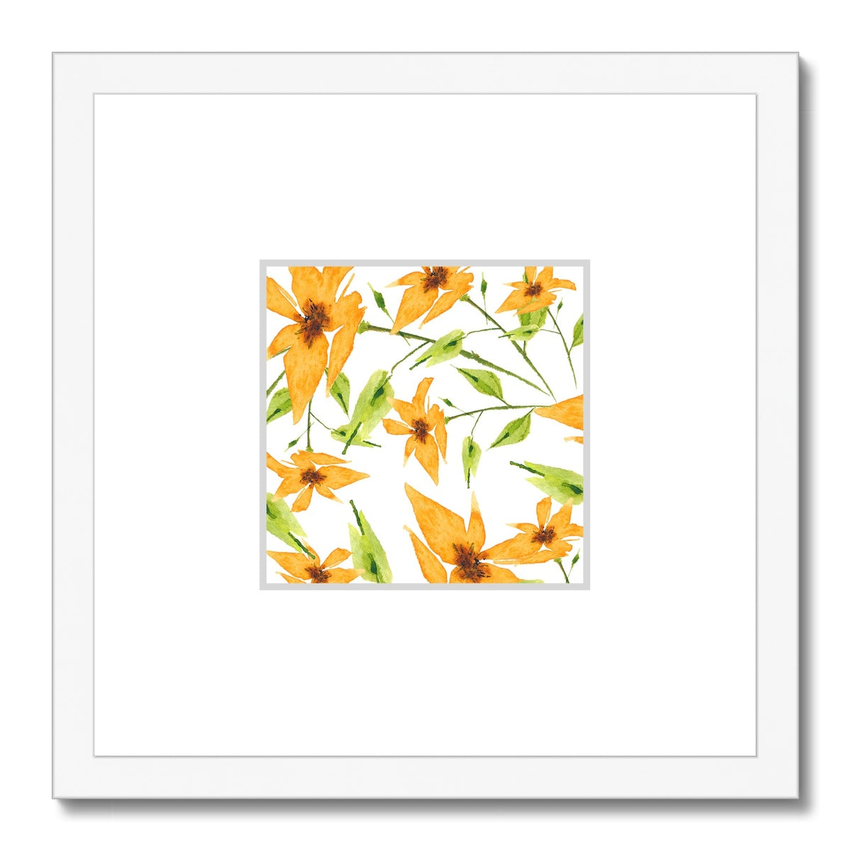 Framed Fine Art Print, Faux Mat - 12x12 inches | Yellow-Orange Floral Watercolor, fms-1390-003