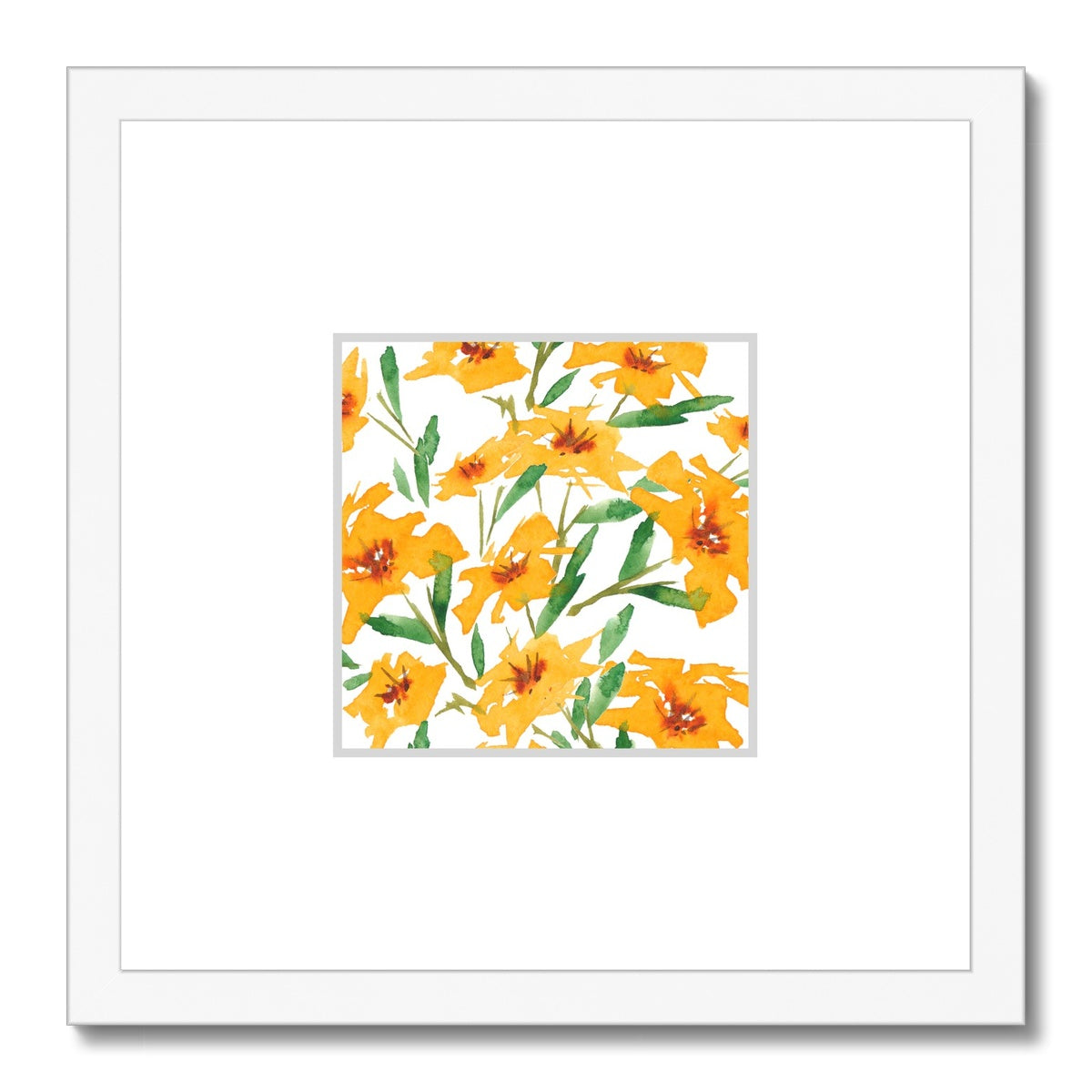 Framed Fine Art Print, Faux Mat - 12x12 inches | Yellow-Orange Floral Watercolor, fms-1310-001