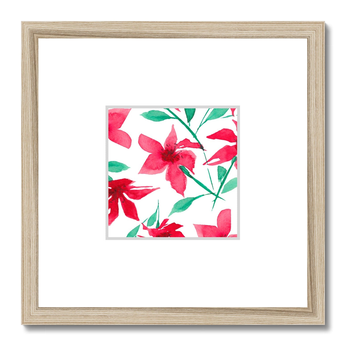 Framed Fine Art Print, Faux Mat - 12x12 inches | Red Floral Watercolor, fms-1330-001