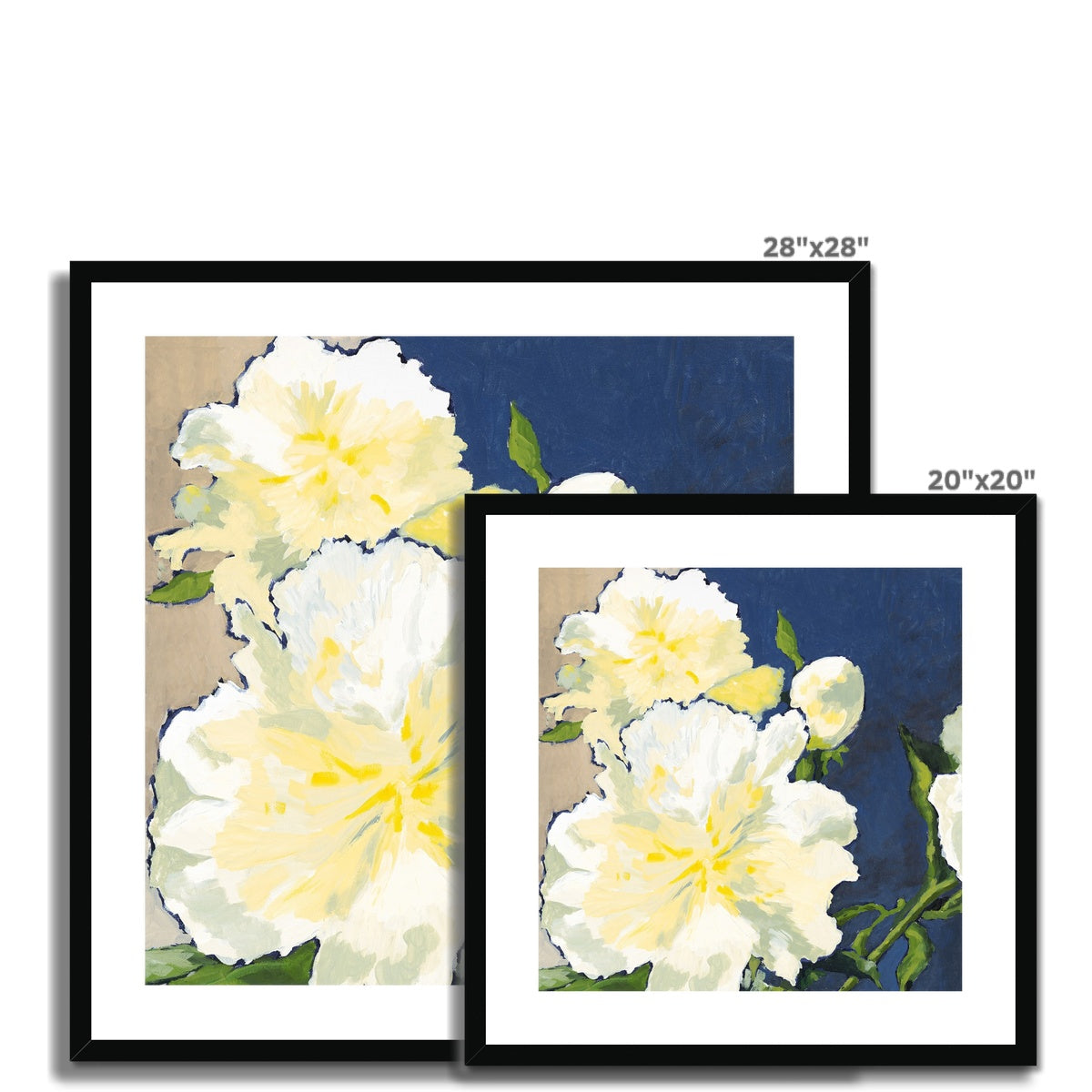 Framed Fine Art Print, White Mat - 8x8 12x12 16x16 20x20 24x24 28x28 inches | White Peonies in Acrylic, FPS-1050