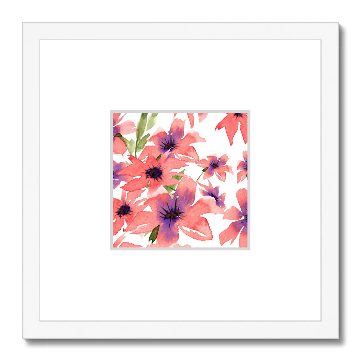 Framed Fine Art Print, Faux Mat - 12x12 inches | Pink Floral Watercolor, fms-1340-003