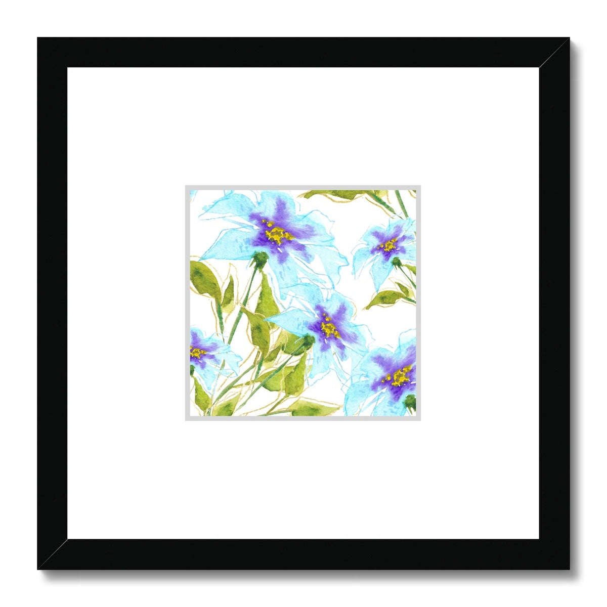Framed Fine Art Print, Faux Mat - 12x12 inches | Blue Floral Watercolor, fms-1370-001