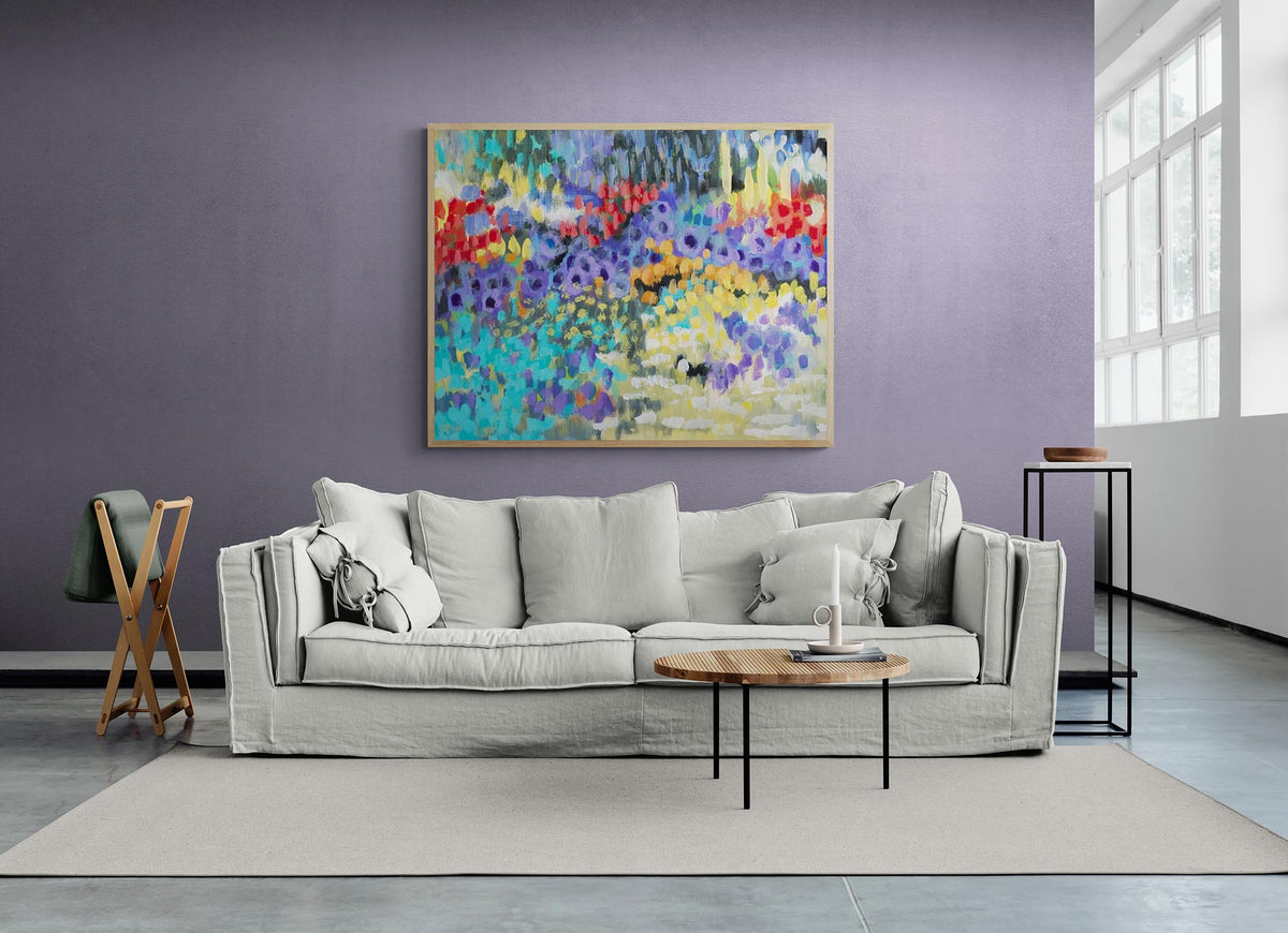 Wildflower Garden Fine Art Canvas Print | Styled in Modern Lavender Living Room with Linen Sofa and Concrete Floors