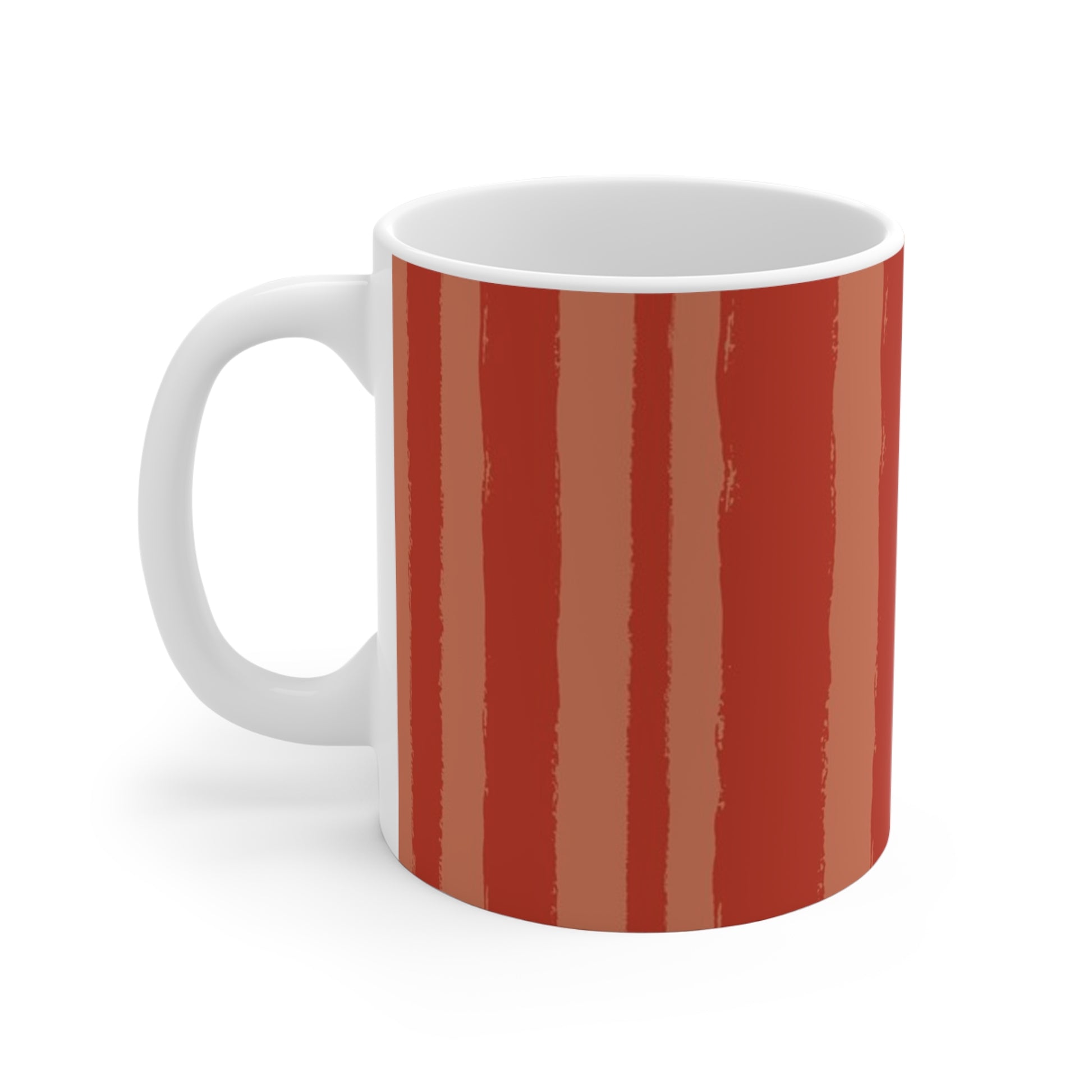 White 11oz Ceramic Mug with Bold Vertical Brush Stroke Print in Two-tone Red-orange