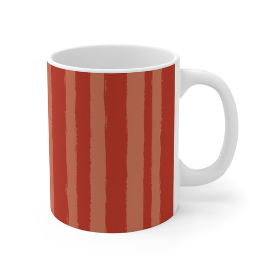 White 11oz Ceramic Mug with Bold Vertical Brush Stroke Print in Two-tone Red-orange #CM-1135-111