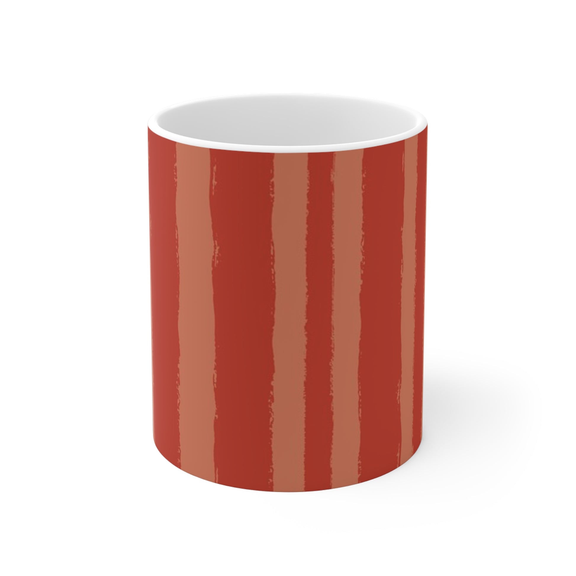 White 11oz Ceramic Mug with Bold Vertical Brush Stroke Print in Two-tone Red-orange