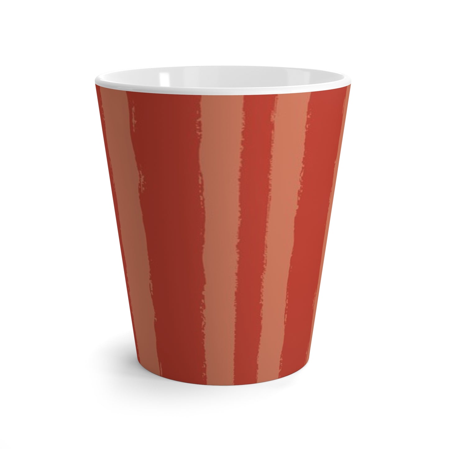 White 12oz Ceramic Latte Mug with Bold Vertical Brush Stroke Print in Two-tone Red-orange