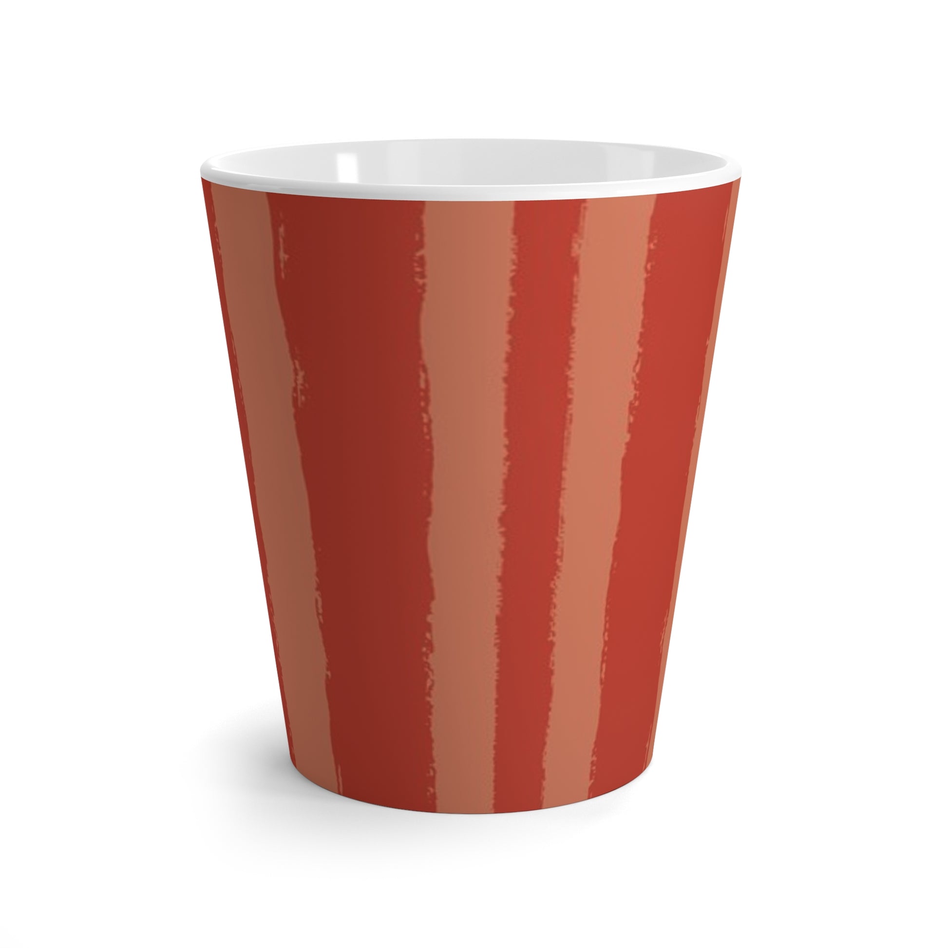 White 12oz Ceramic Latte Mug with Bold Vertical Brush Stroke Print in Two-tone Red-orange