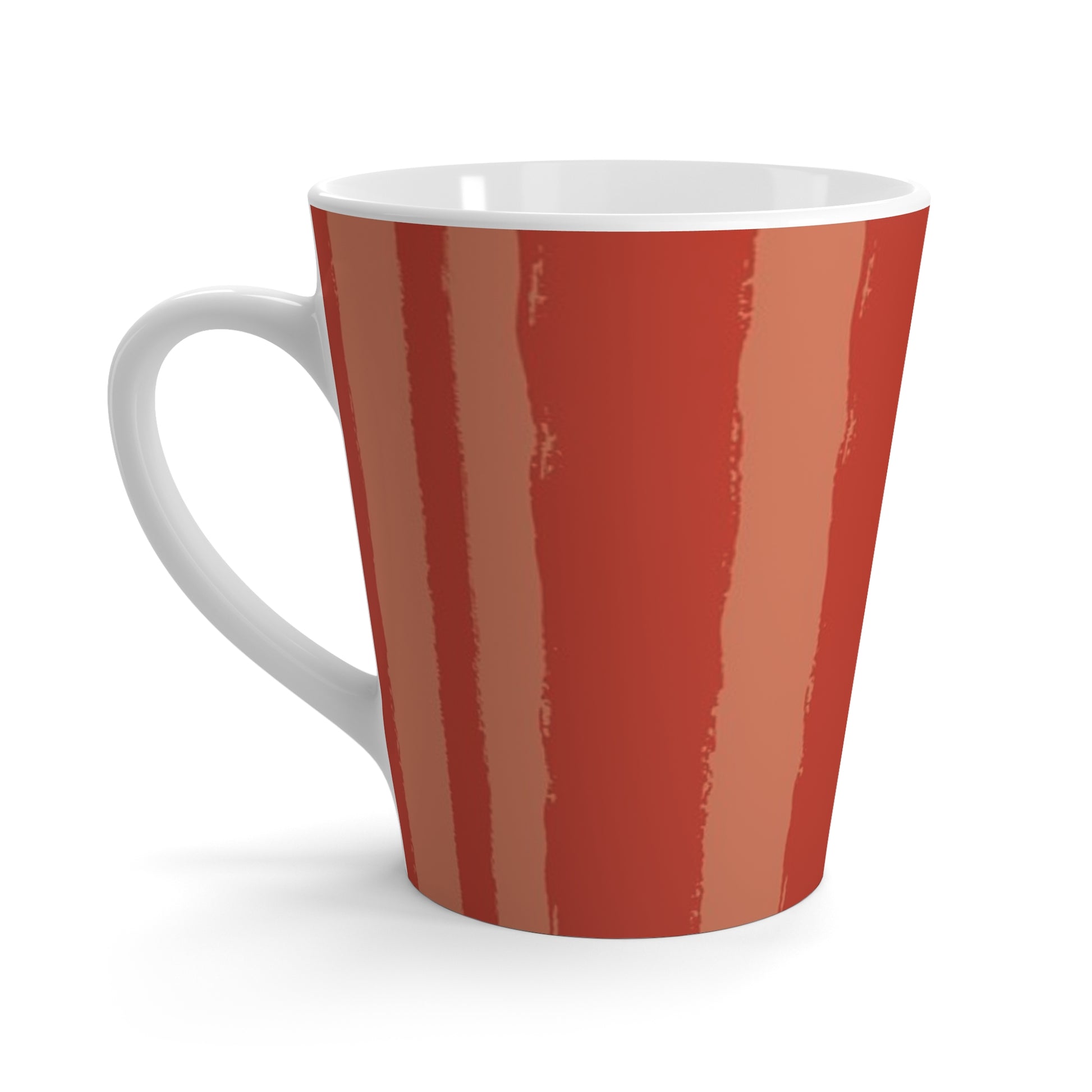 White 12oz Ceramic Latte Mug with Bold Vertical Brush Stroke Print in Two-tone Red-orange