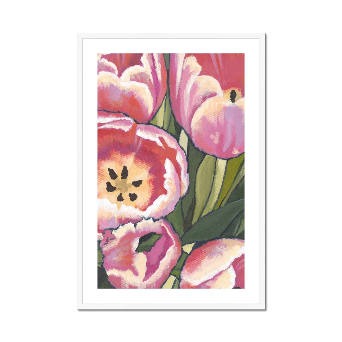 Framed Fine Art Print, White Mat - 8x12 12x18 20x28 24x36 28x40 inches | Pink Tulips in Acrylic, FPV-1080