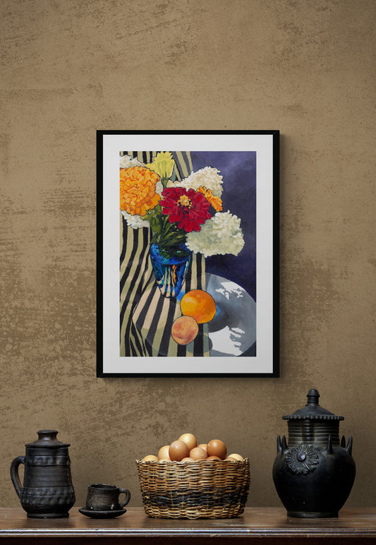 Framed Fine Art Print, White Mat - 8x12 20x28 24x36 28x40 inches | Hydrangeas & Zinnias in Acrylic, FPV-1030-001