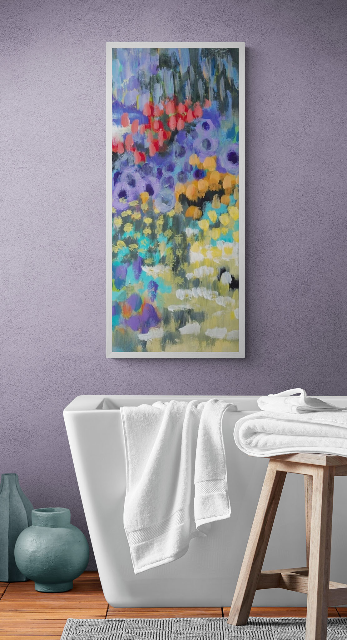 Wildflower Garden Fine Art Canvas Print | Styled in Lavender Spa Bathroom with Freestanding Soaker Tub and Wood Stool