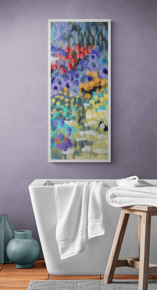 Wildflower Garden Fine Art Canvas Print | Styled in Lavender Spa Bathroom with Freestanding Soaker Tub and Wood Stool