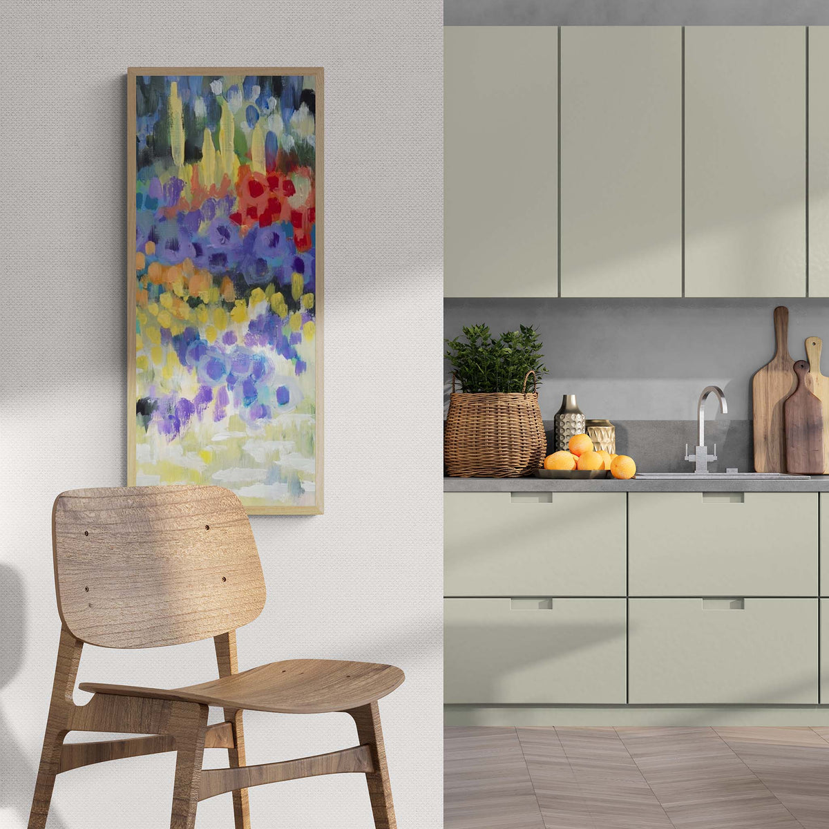 Wildflower Garden Fine Art Print | Styled in Scandinavian Living Space with Wooden Chair and Sage Green Kitchen