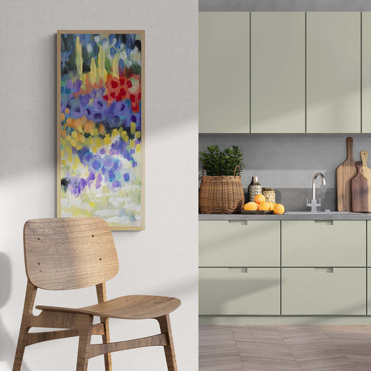 Wildflower Garden Fine Art Print | Styled in Scandinavian Living Space with Wooden Chair and Sage Green Kitchen