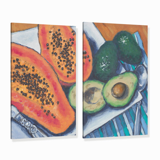 Fine Art Canvas Print - Two Panels of 15x24 20x32 25x40 30x48 35x56 inches | Papaya & Avocados in Acrylic, CPH2-2105