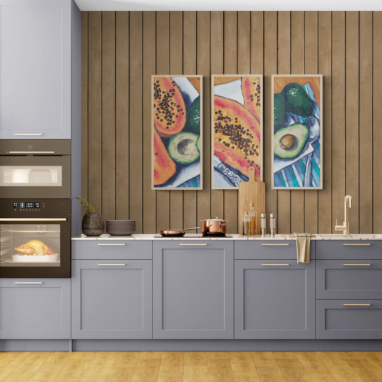 Fine Art Canvas Print - Three Panels of 10x24 12x29 15x36 20x48 25x60 inches | Papaya & Avocados in Acrylic, CPH3-2105