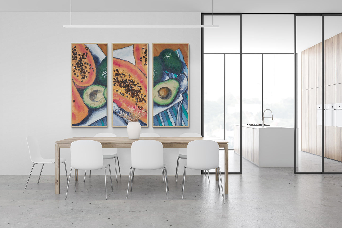 Fine Art Canvas Print - Three Panels of 10x24 12x29 15x36 20x48 25x60 inches | Papaya & Avocados in Acrylic, CPH3-2105