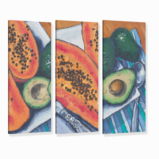 Fine Art Canvas Print - Three Panels of 10x24 12x29 15x36 20x48 25x60 inches | Papaya & Avocados in Acrylic, CPH3-2105