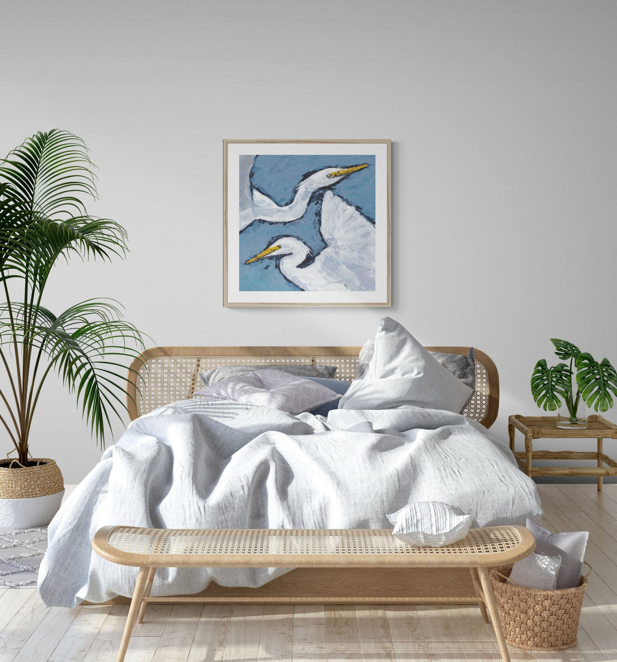 Heron Pair Fine Art Print | Styled in Tropical Boho Bedroom with Rattan Bed Frame, Wicker Bench and Monstera Plants