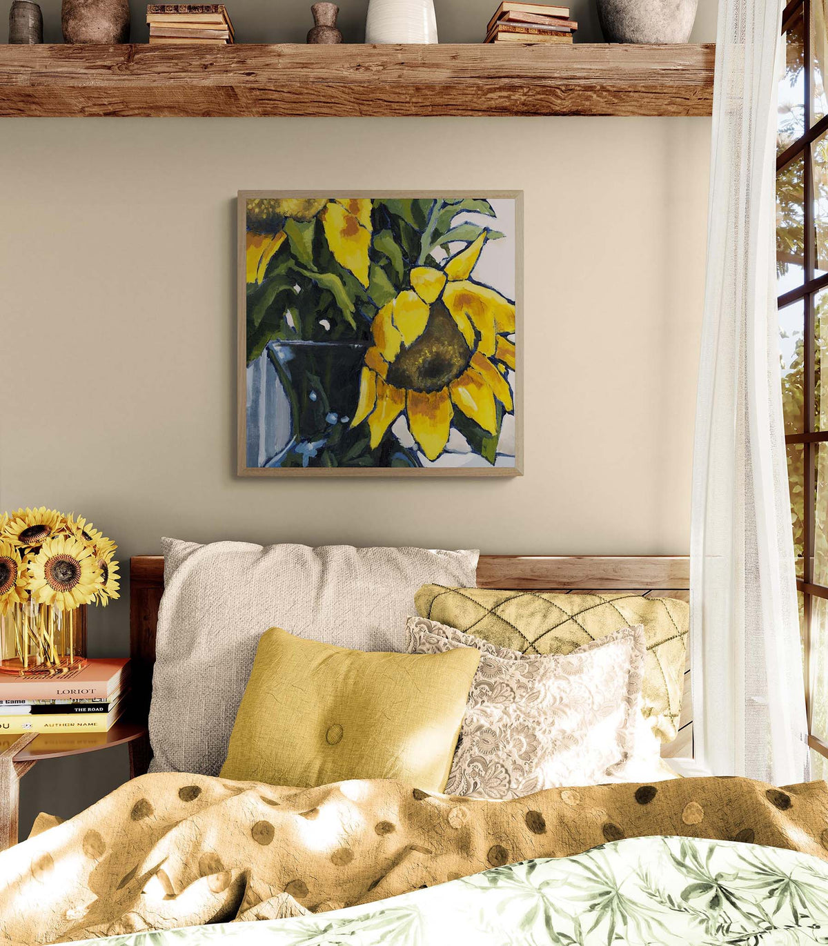 Sunflowers Fine Art Canvas Print | Styled in Warm Country Cottage Bedroom with Reclaimed Wood Shelf and Gold Sunflower Accents