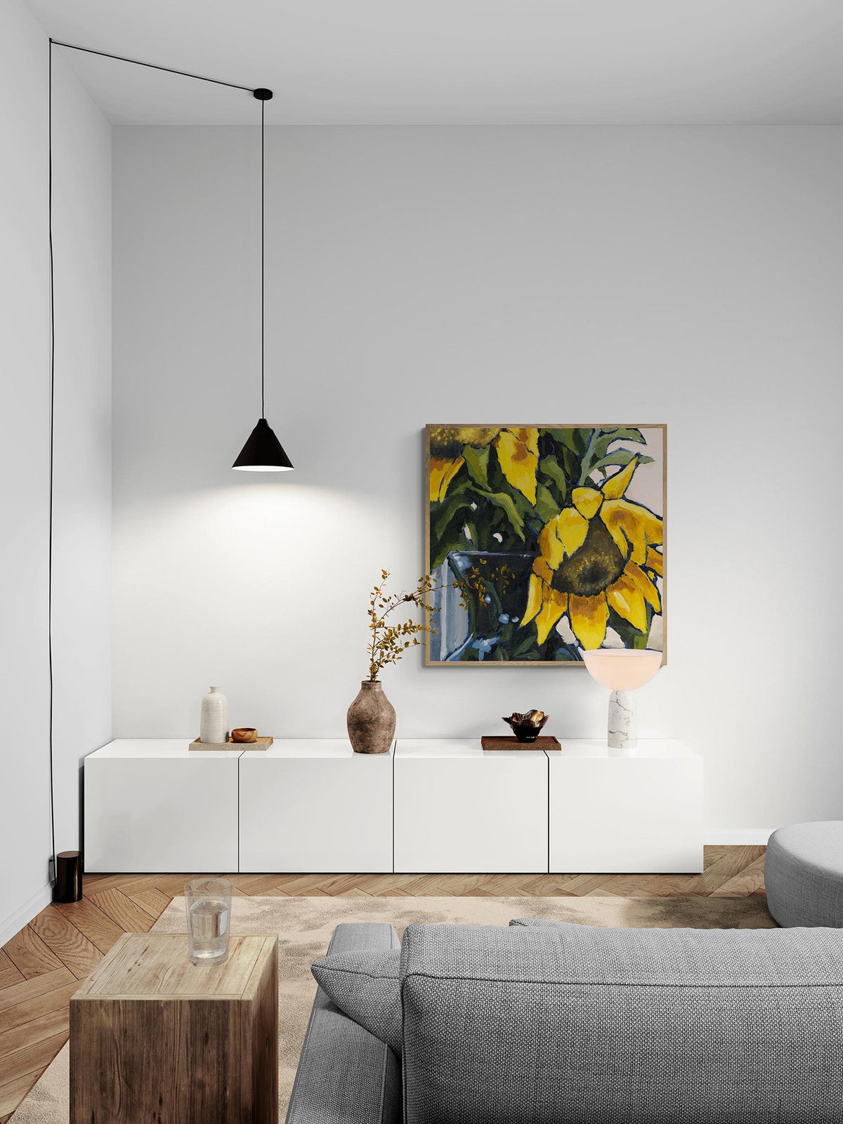 Sunflowers Fine Art Canvas Print | Styled in Minimalist Scandinavian Living Room with White Floating Credenza and Black Cone Pendant Light