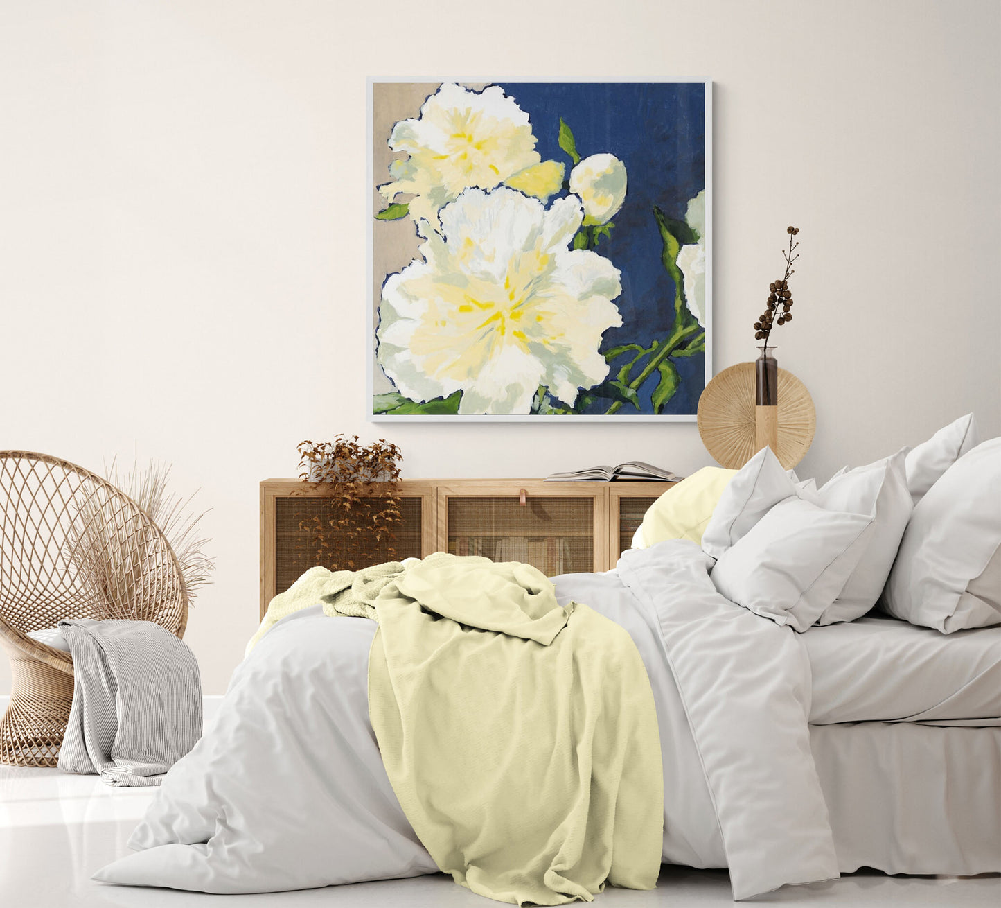 Fine Art Canvas Print - 24x24 30x30 36x36 40x40 42x42 44x44 48x48 inches | White Peonies in Acrylic, CPS-1050