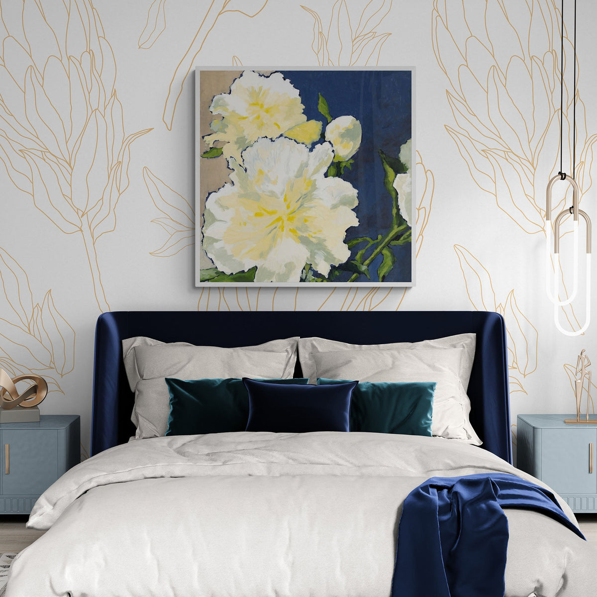 White Peonies Fine Art Canvas Print | Styled in Glamorous Navy Blue Bedroom with Gold Botanical Wallpaper and Velvet Accent Pillows
