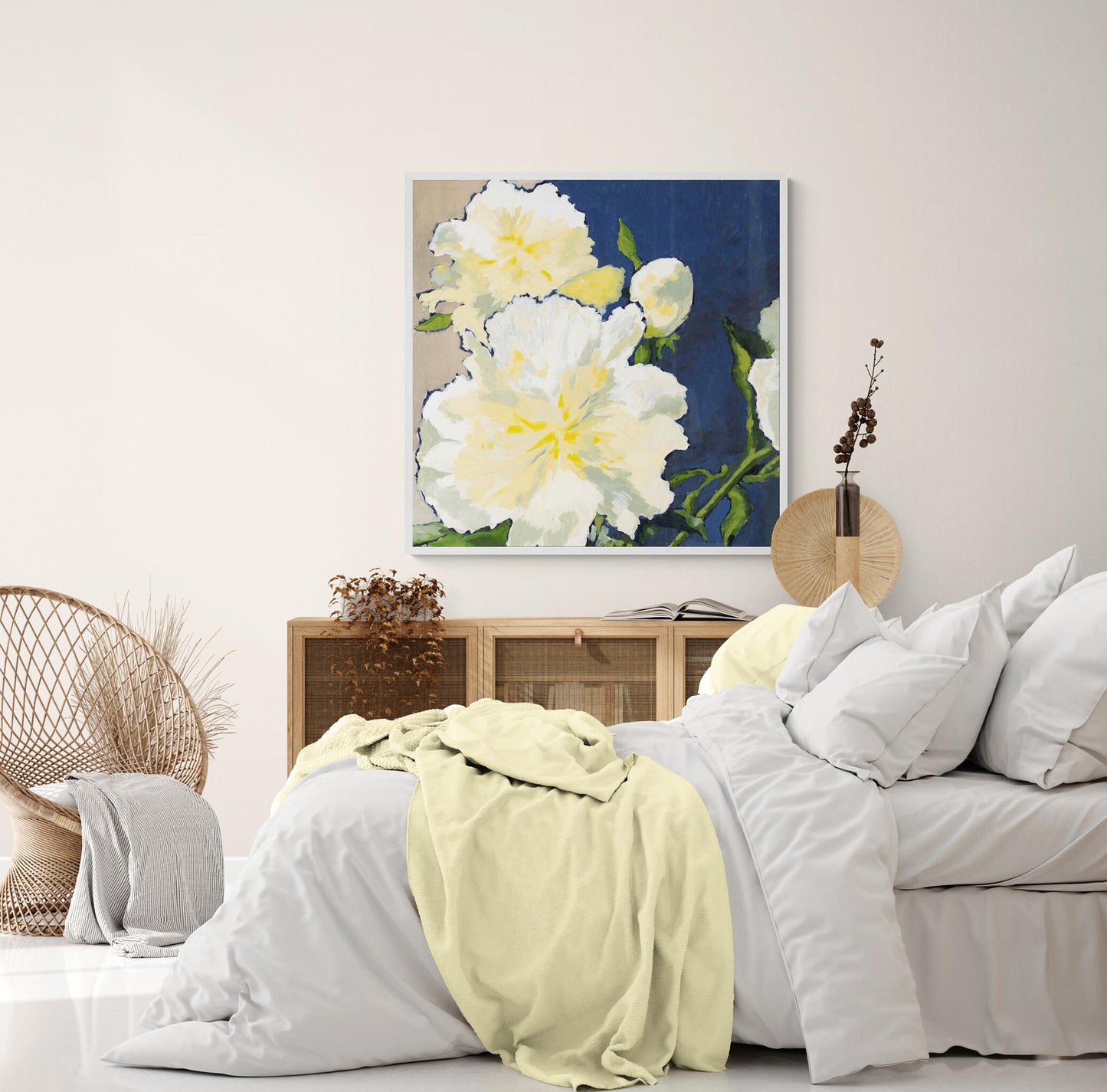Fine Art Canvas Print - 24x24 30x30 36x36 40x40 42x42 44x44 48x48 inches | White Peonies in Acrylic, CPS-1050