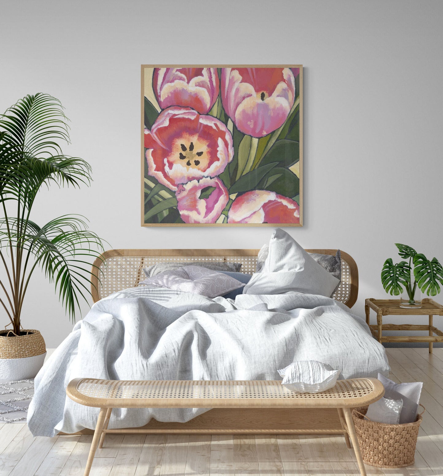 Fine Art Canvas Print - 24x24 30x30 36x36 40x40 42x42 44x44 48x48 inches | Pink Tulips in Acrylic, CPS-1080