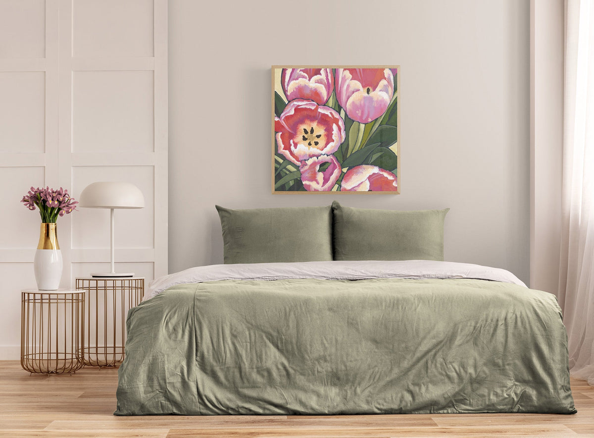 Pink Tulips Fine Art Canvas Print | Styled in Romantic Sage Green Bedroom with Gold Wire Side Table and Mushroom Dome Lamp
