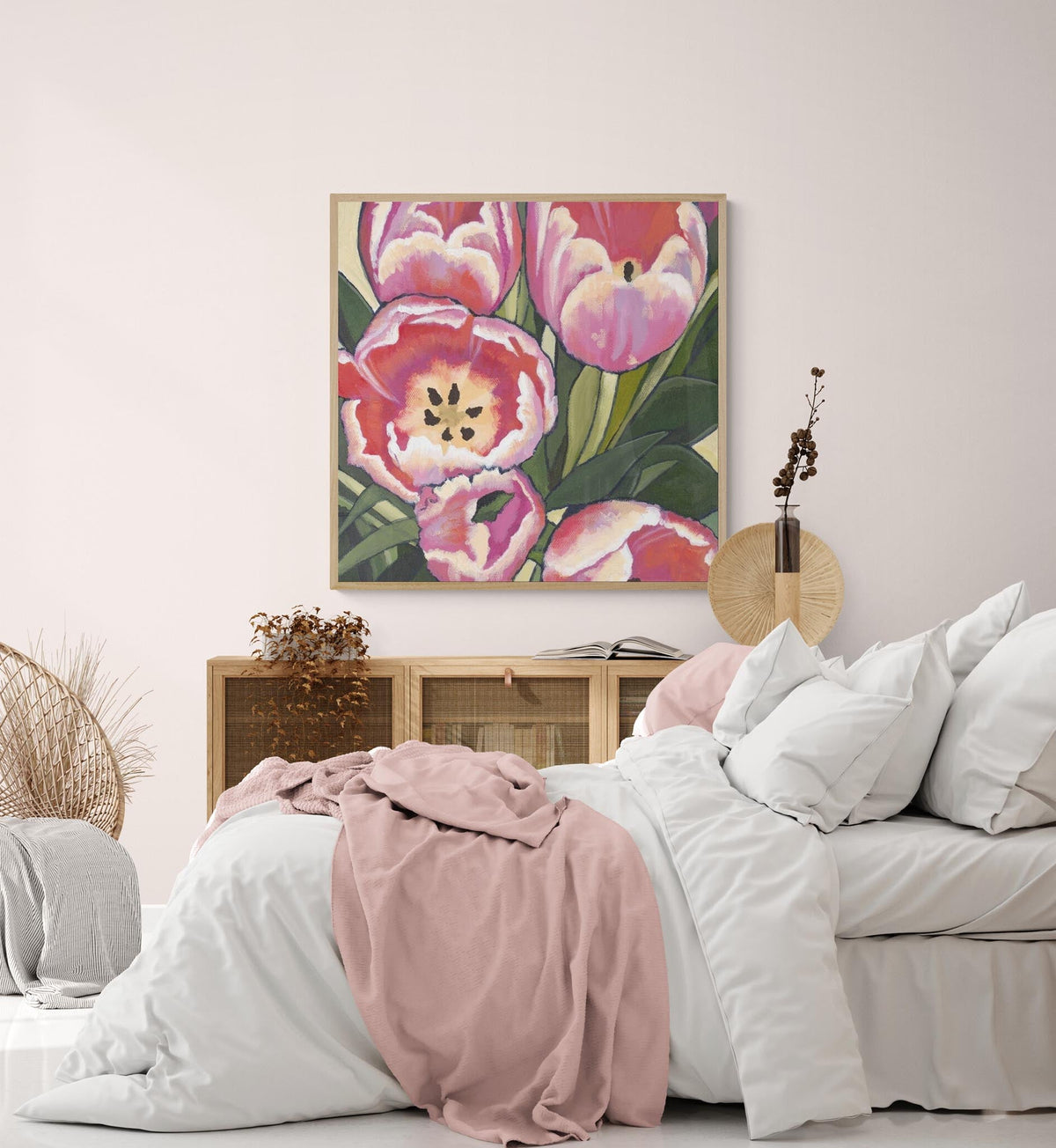 Pink Tulips Fine Art Canvas Print | Styled in Soft Boho Bedroom with Cane Dresser, Rattan Accent Chair and Blush Pink Linen